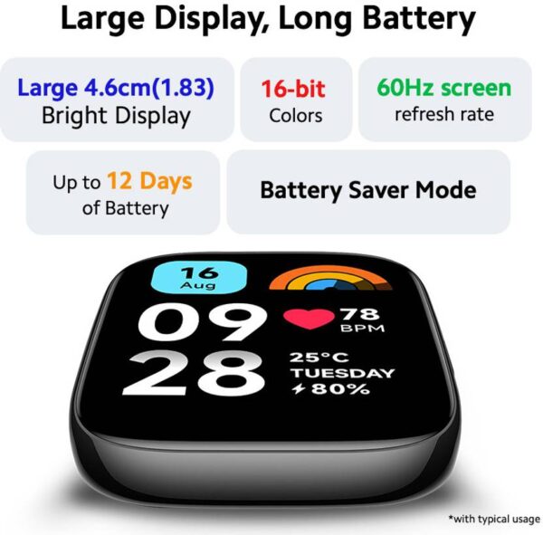 REDMI Watch 3 Active Bluetooth Calling 1.83" Screen, Upto 12 Days Battery Life Smartwatch  (Charcoal Black Strap, Free Size) - Image 6